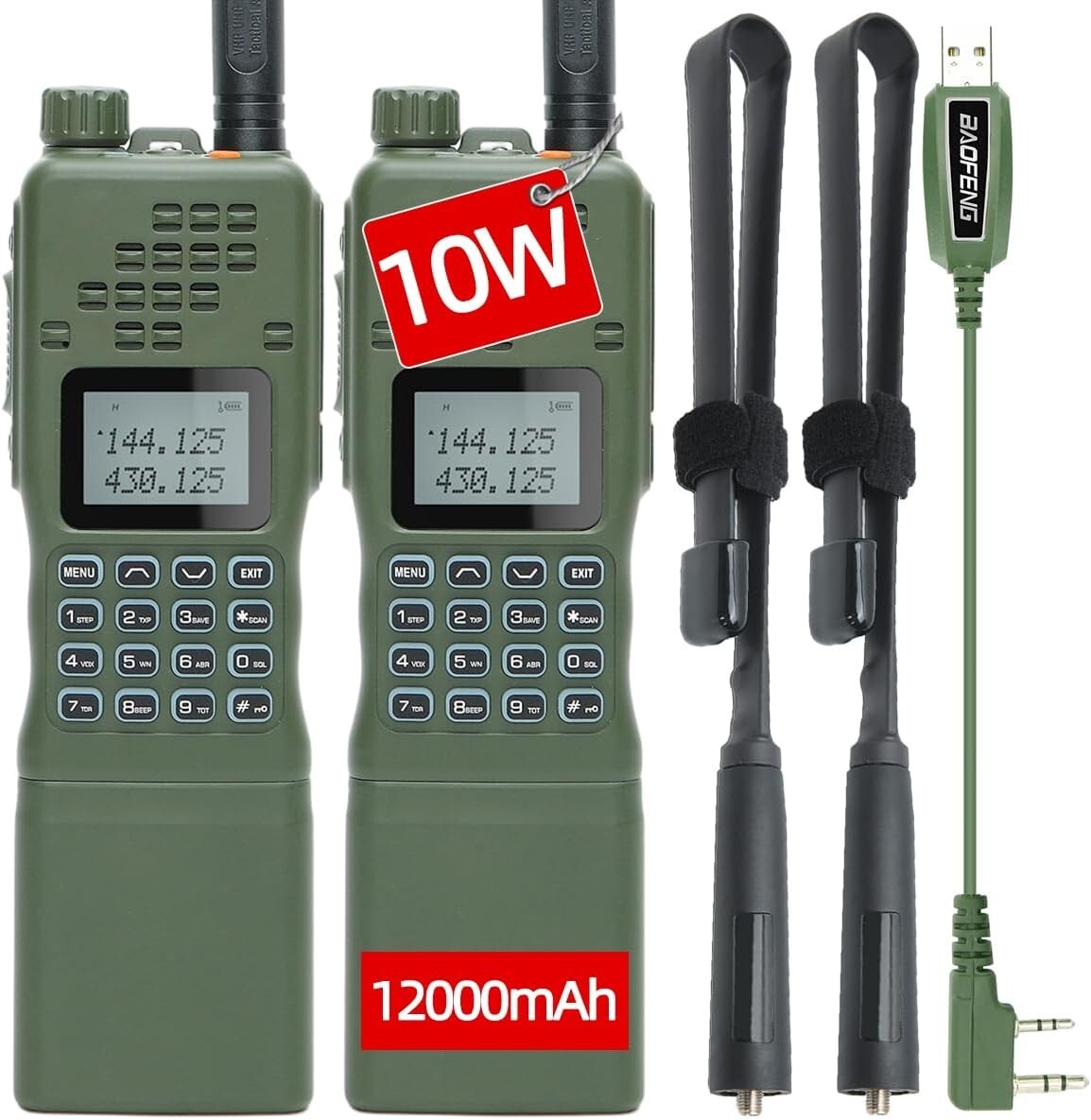 Military Grade 10W Two Way Radio Pack with Rechargeable Batteries and Antennas