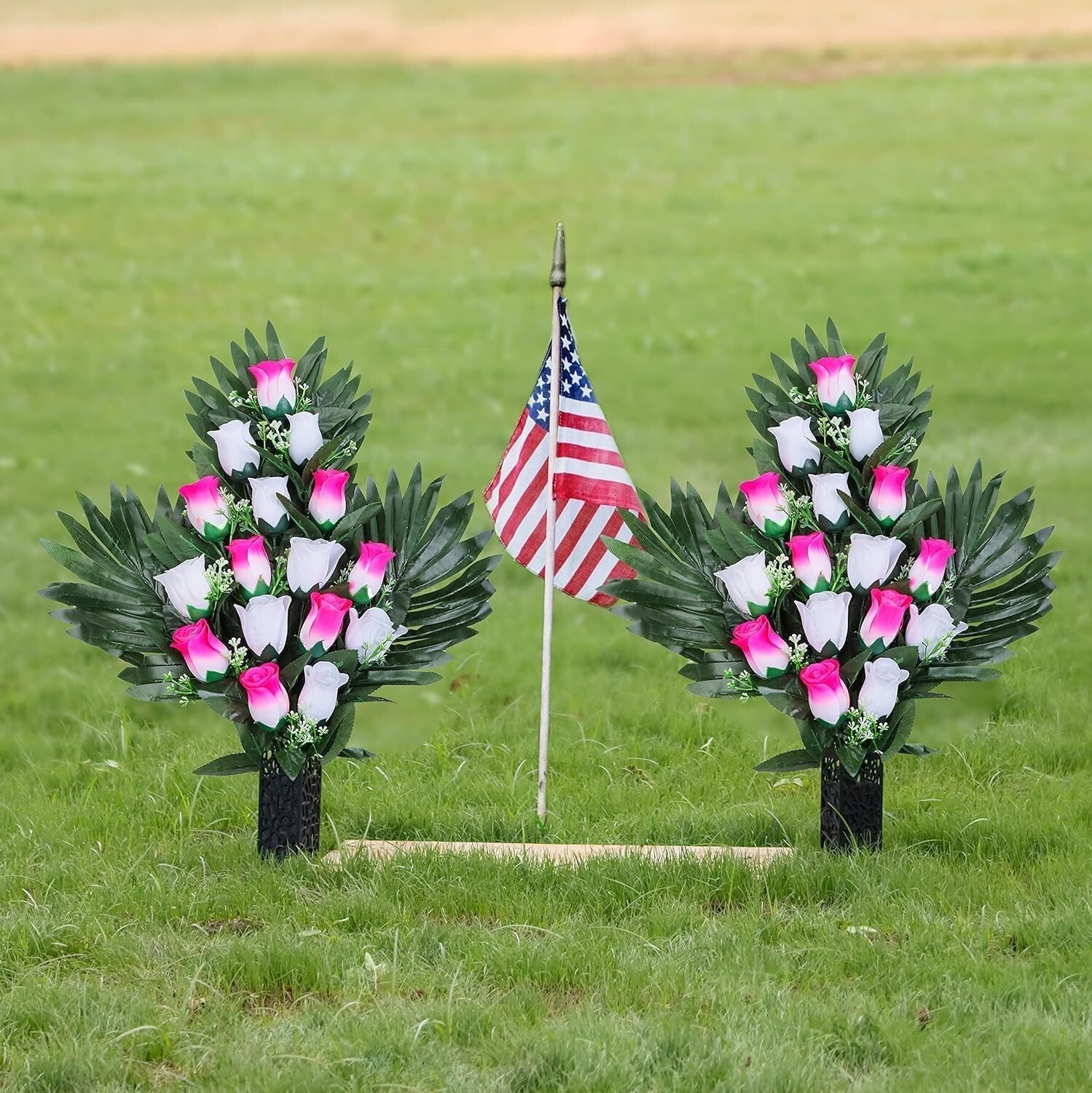 Elegant 2 Set Artificial Cemetery Flowers with Long Nail Vases - Pink & White