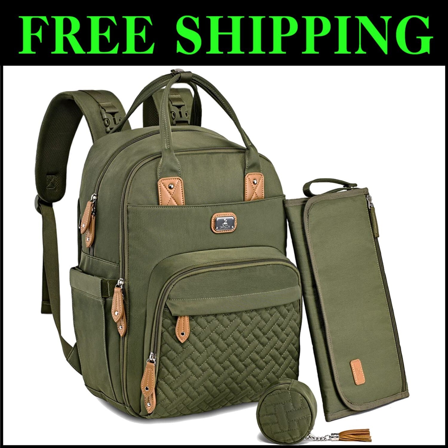 Stylish Unisex Diaper Bag Backpack with Changing Pad & Stroller Straps - Green