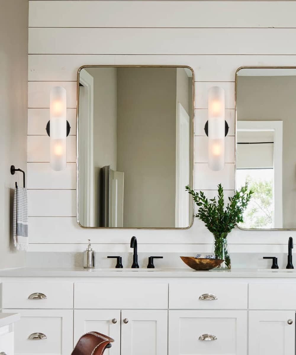 Elegant Black Bathroom Wall Sconces with Frosted Glass - Modern Farmhouse Design