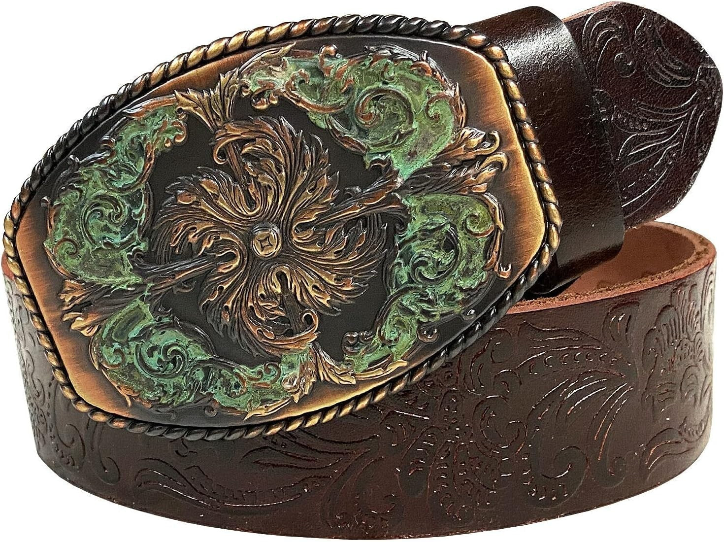 Custom Fit Western Leather Jean Belt with Floral Engraved Buckle – 3 Colors