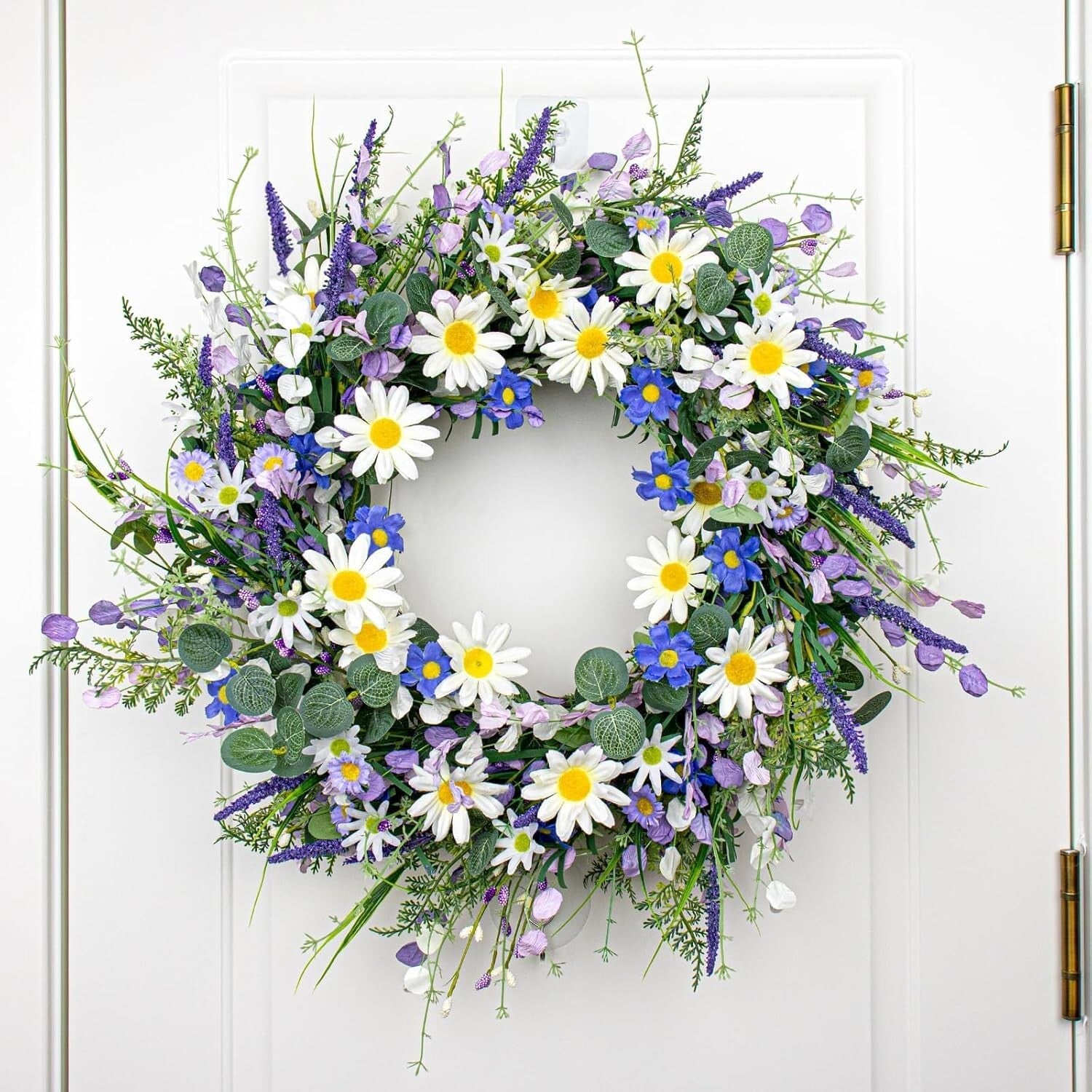 Handmade Blue Spring Wreath with White Sunflowers for Front Door Elegance