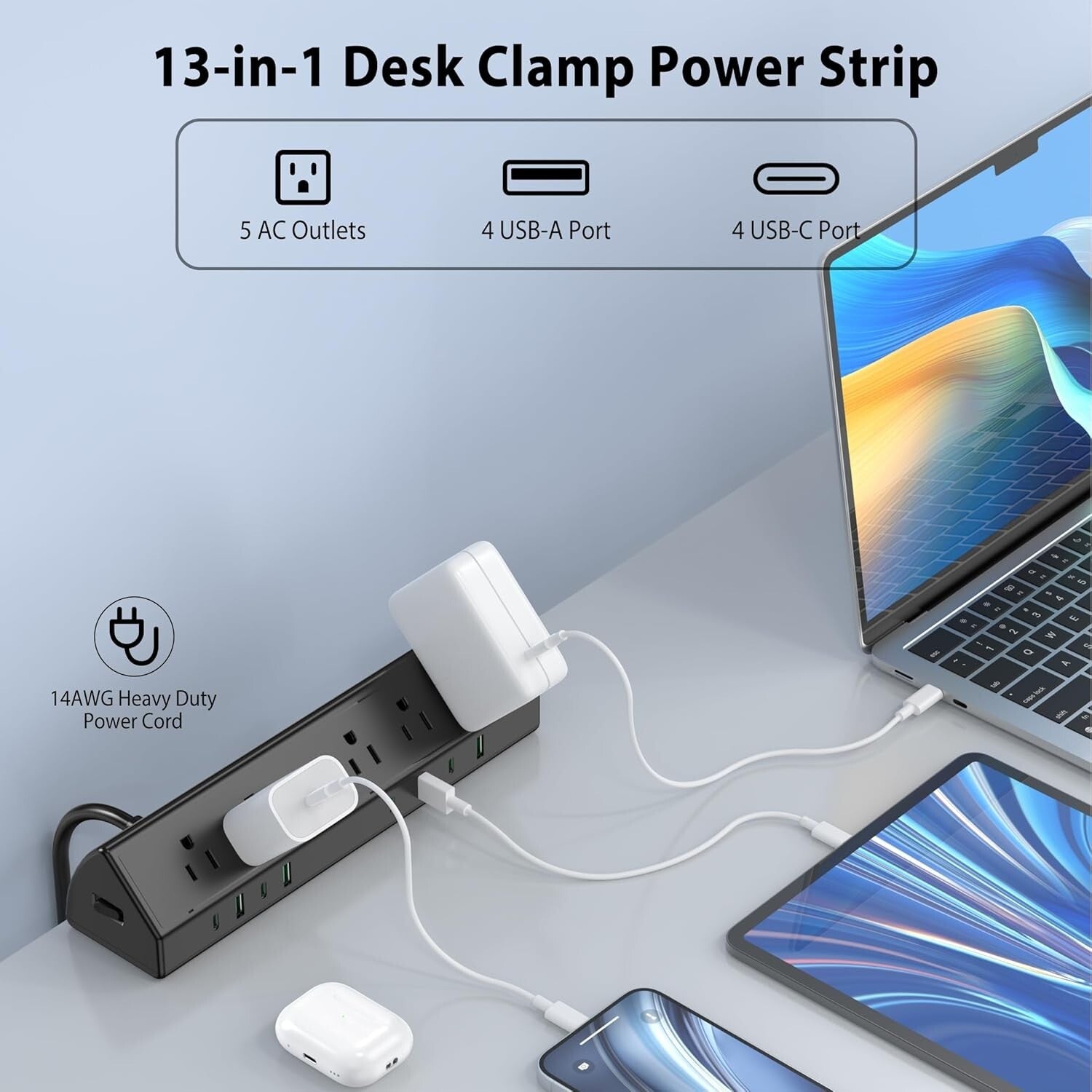 45W Desk Clamp Power Strip with 4 USB-C Ports and 5 Outlets – Surge Protection
