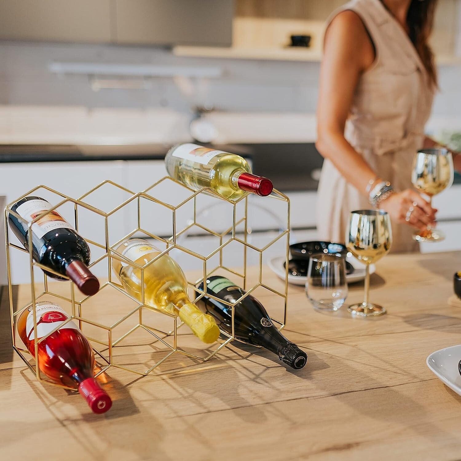 14-Bottle Countertop Wine Rack - Rust Resistant Gold Stand for Kitchen & Pantry