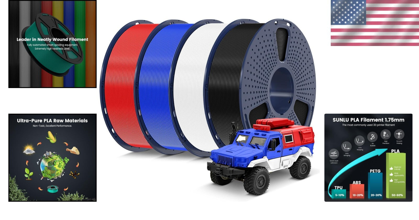 4kg Multicolor PLA 3D Printer Filament Set - 1.75mm, Neatly Wound & Vacuum Pa...