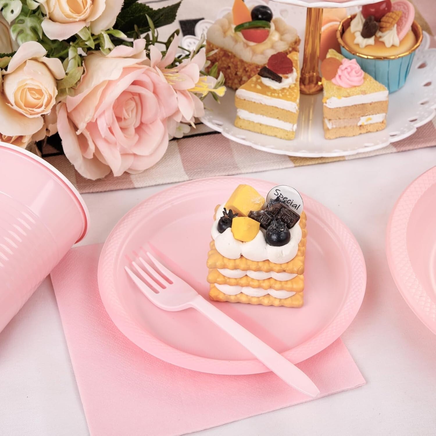 MirthMood 350-Piece Pink Party Set - Plates, Cups & Cutlery for 50 Guests
