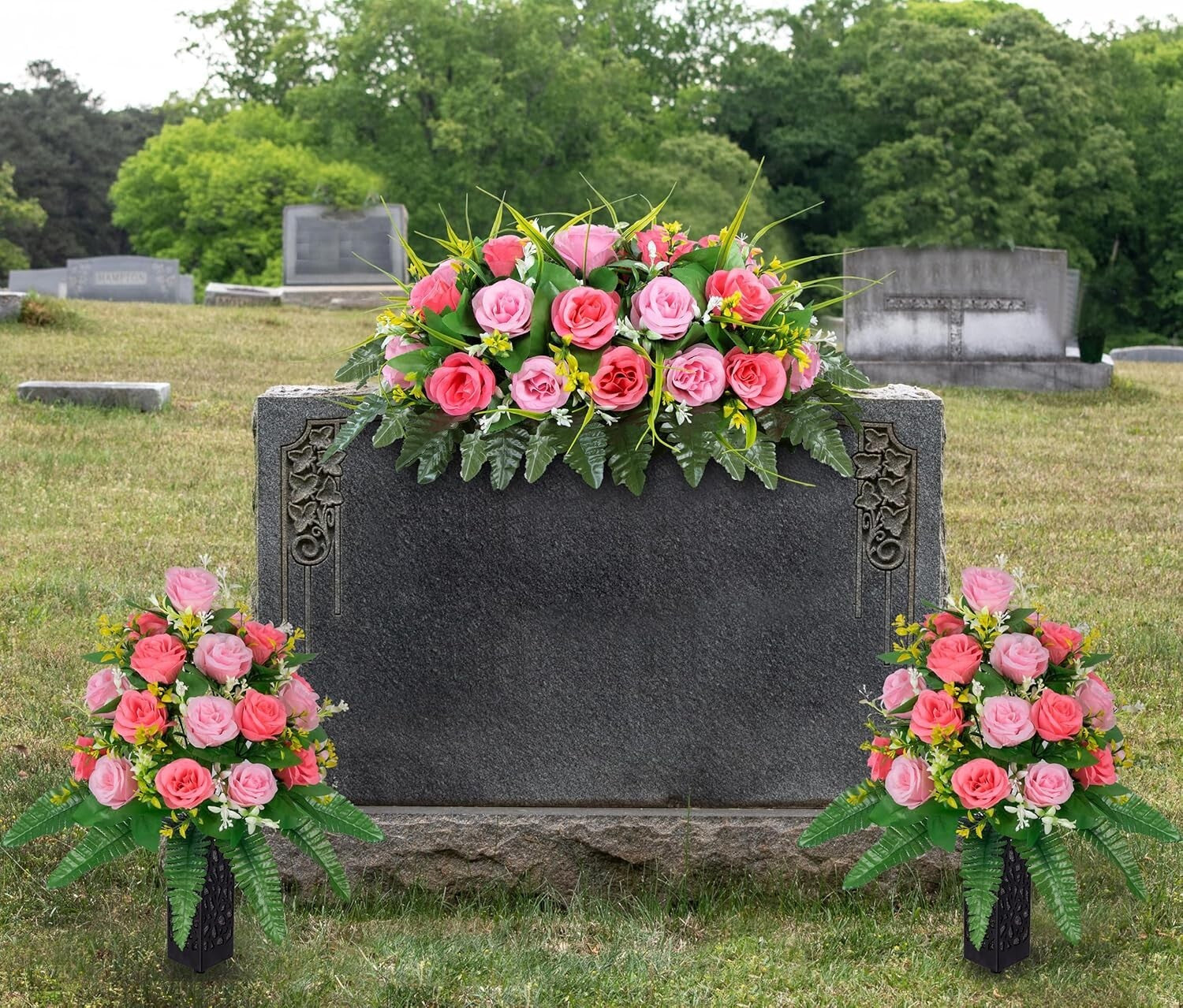 Elegant Artificial Cemetery Flower Saddle - Pink & Light Pink Silk Roses