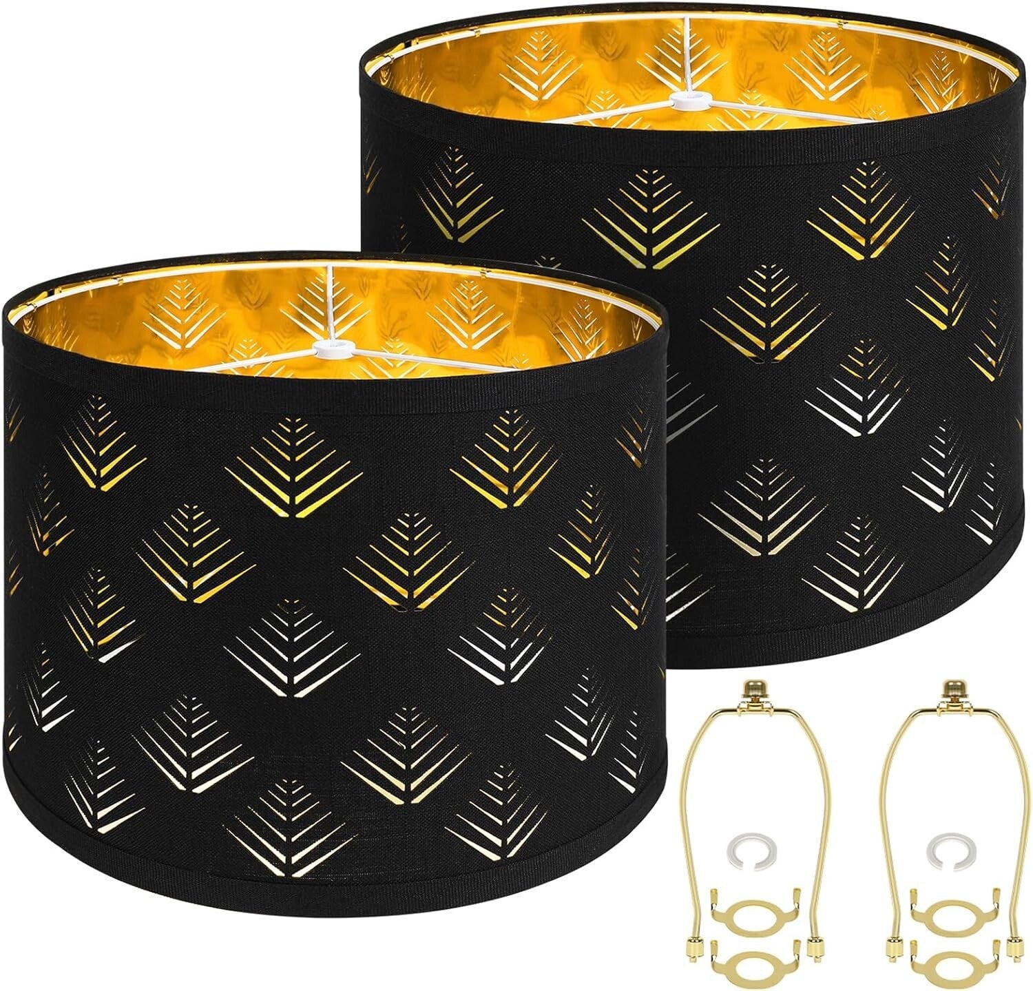 Stylish Black Drum Lampshades with Leaf Pattern - 13"x10" Easy Install Set of 2