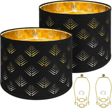 Load image into Gallery viewer, Stylish Black Drum Lampshades with Leaf Pattern - 13"x10" Easy Install Set of 2