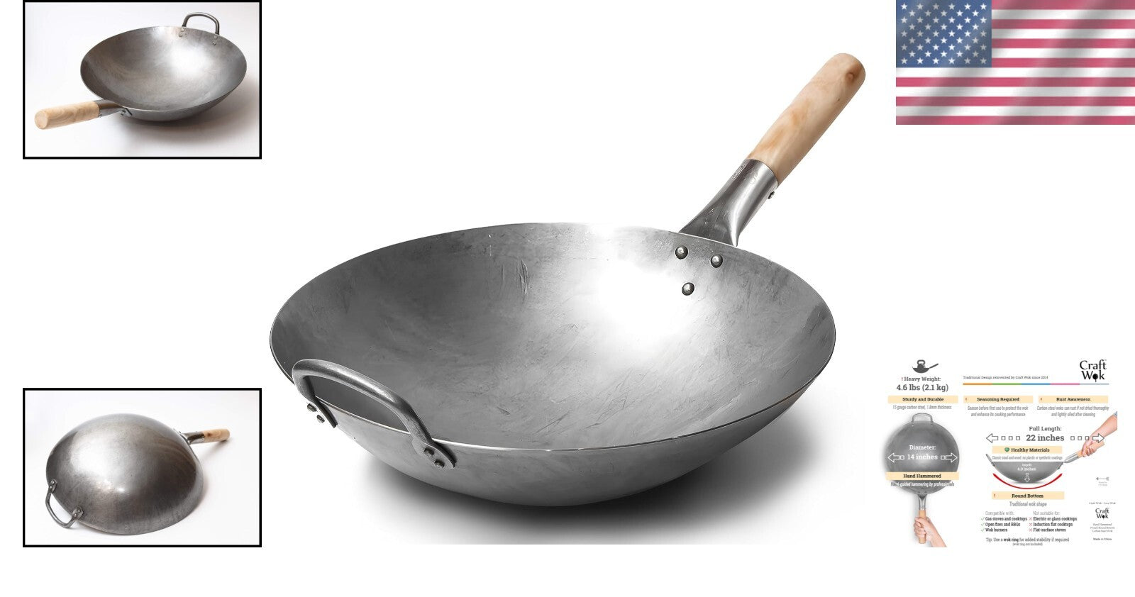 Professional 14-Inch Chinese Carbon Steel Wok with Heat-Resistant Helper Handle