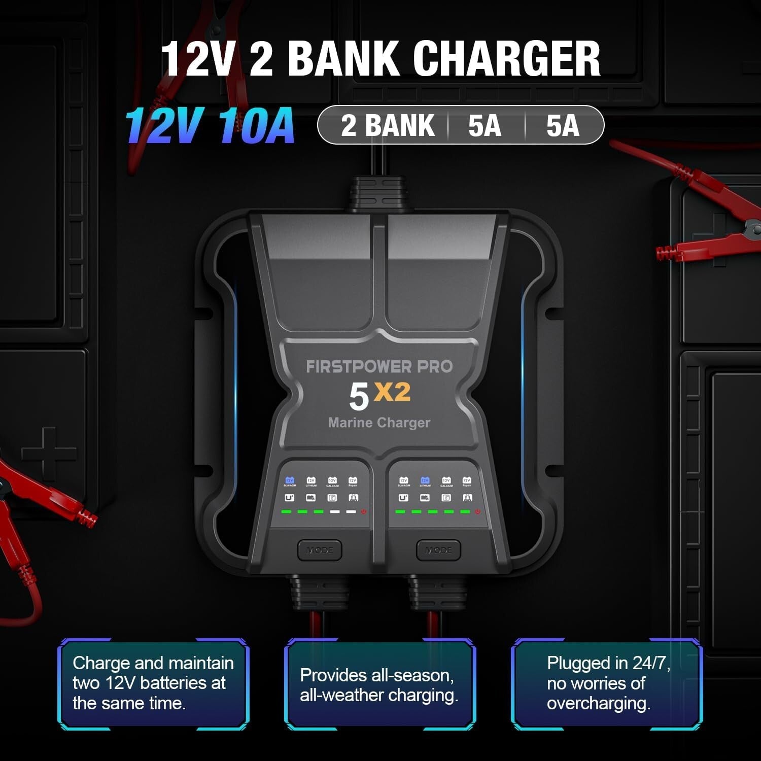IP68 Onboard Battery Charger - 2-Bank, 10A for SLA/Lithium & Calcium Batteries