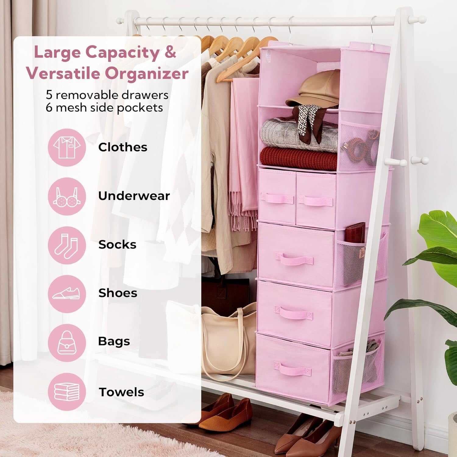 Portable 6-Shelf Hanging Closet Organizer with Pockets – Ideal for Baby Rooms