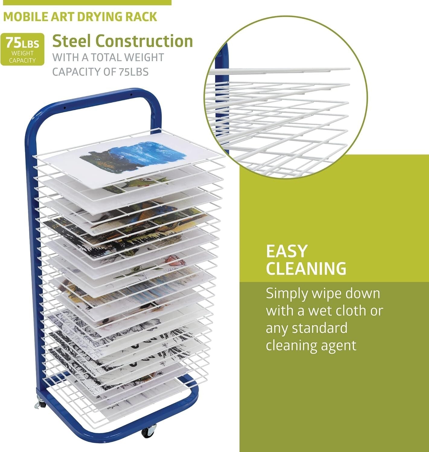 Portable 25-Shelf Art Drying Rack with Locking Wheels, Ideal for Classrooms