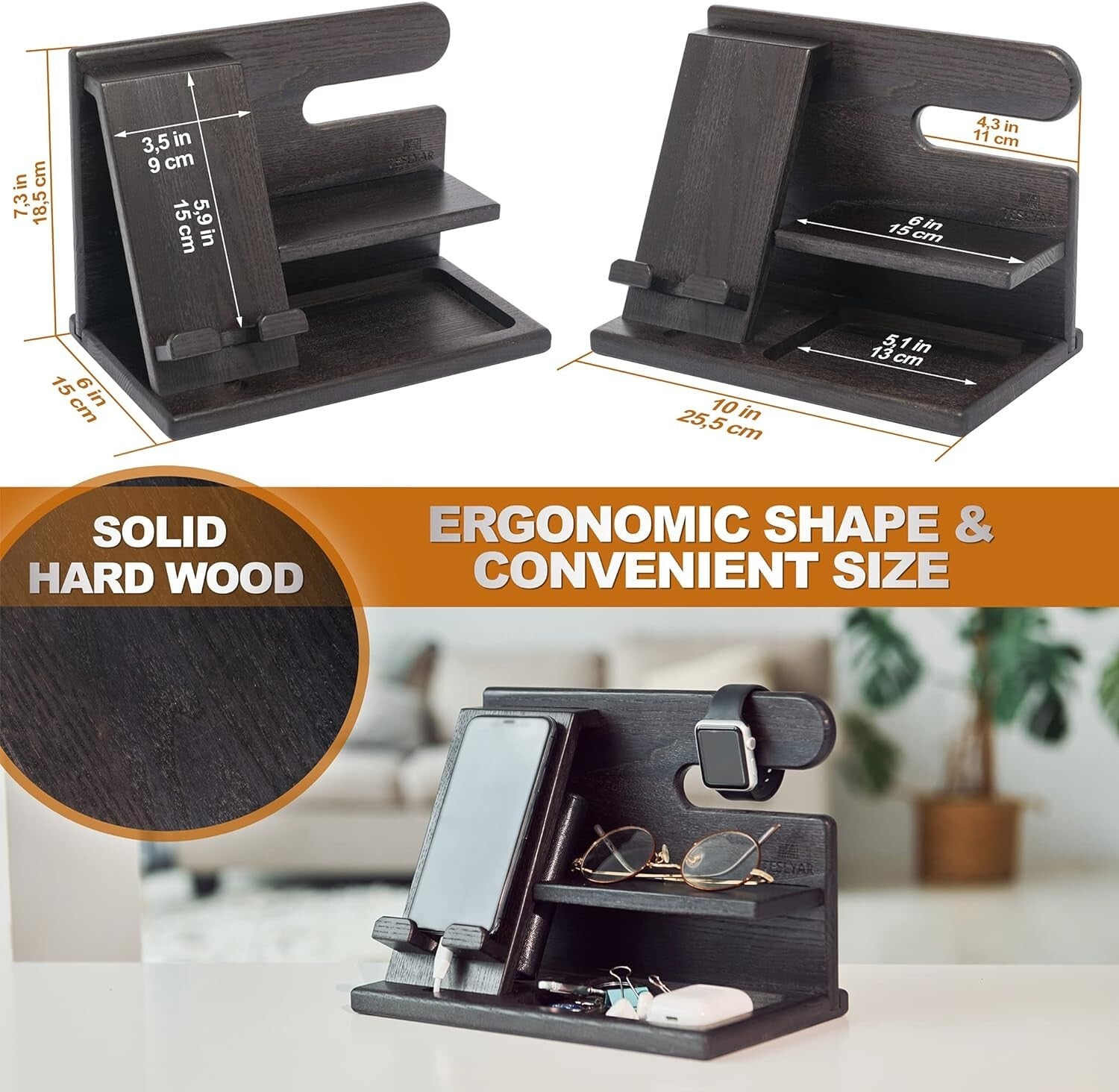 Multi-Functional Wood Phone Docking Station for Men - Ideal Gift in Fumed Black