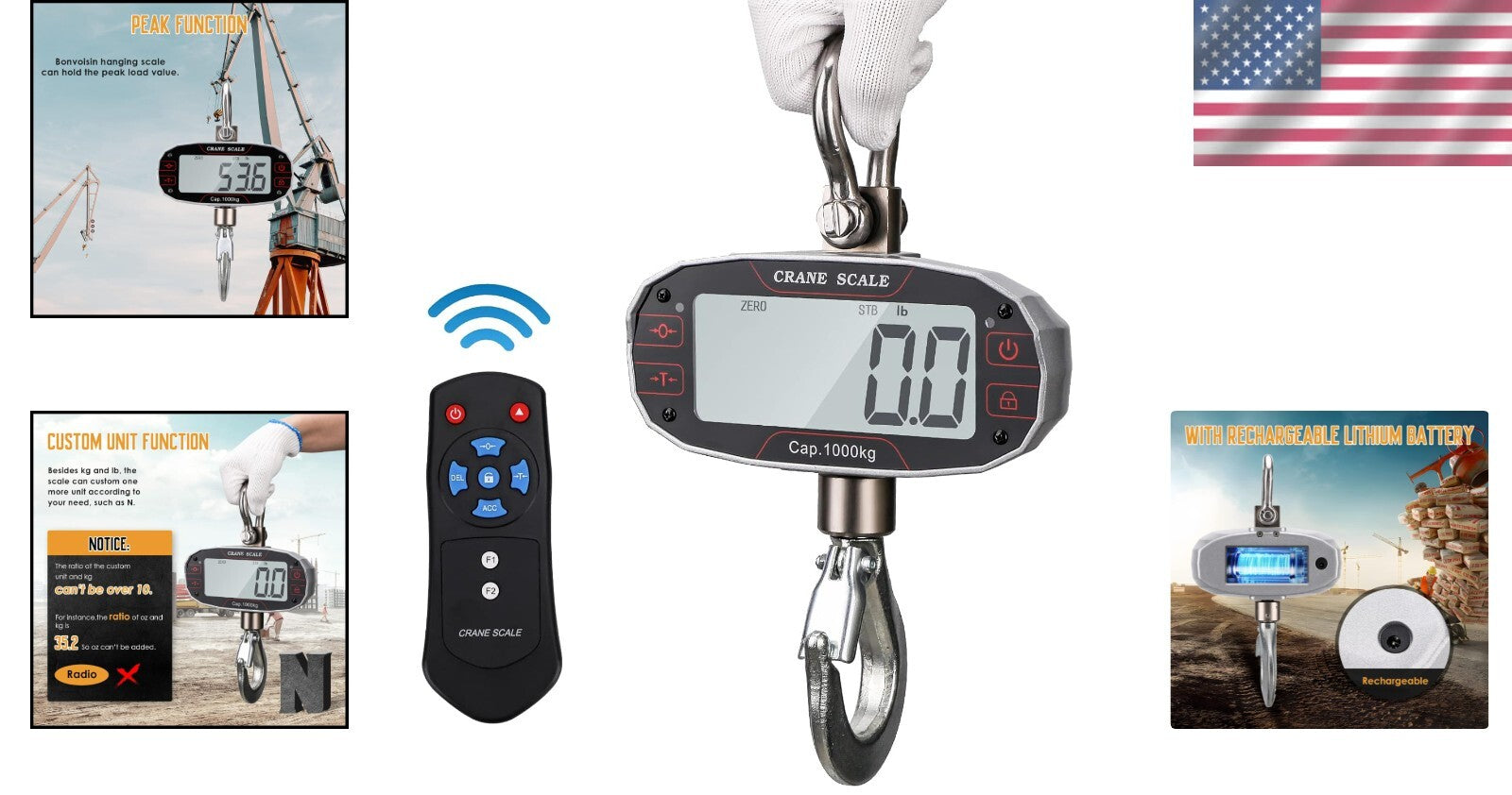 Industrial Crane Scale 2000lb with Rechargeable Battery and Remote Control