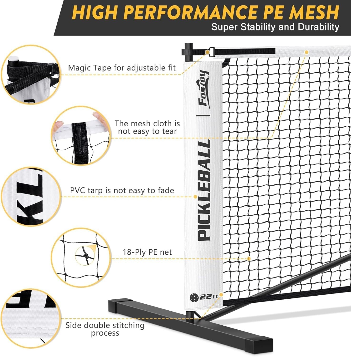 Outdoor Pickleball Net Set: 22FT Portable with Carry Bag & Tear-Resistant Design