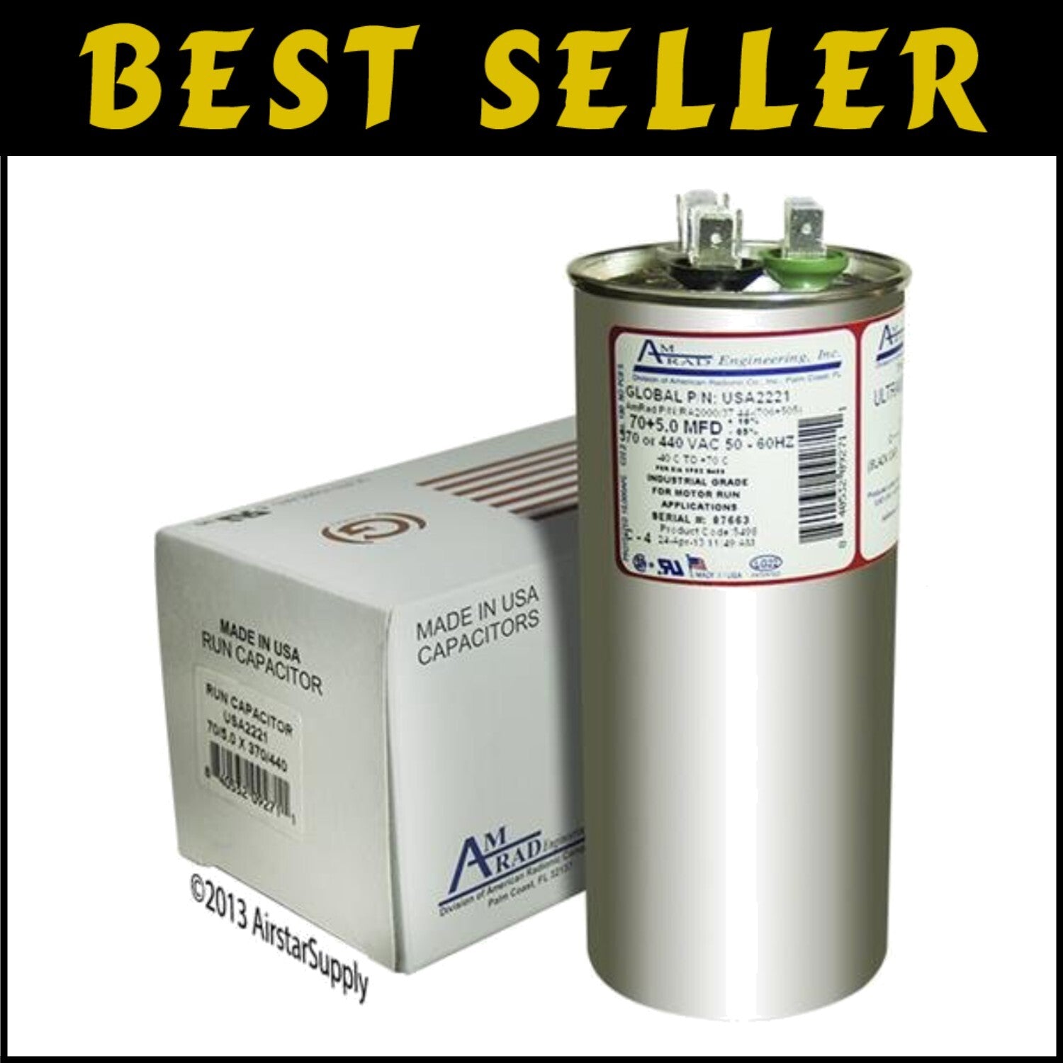 Goodman 70 + 5 uf Round Dual Universal Capacitor, 370/440 VAC - Made in U.S.A.