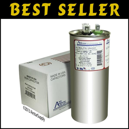 Goodman 70 + 5 uf Round Dual Universal Capacitor, 370/440 VAC - Made in U.S.A.