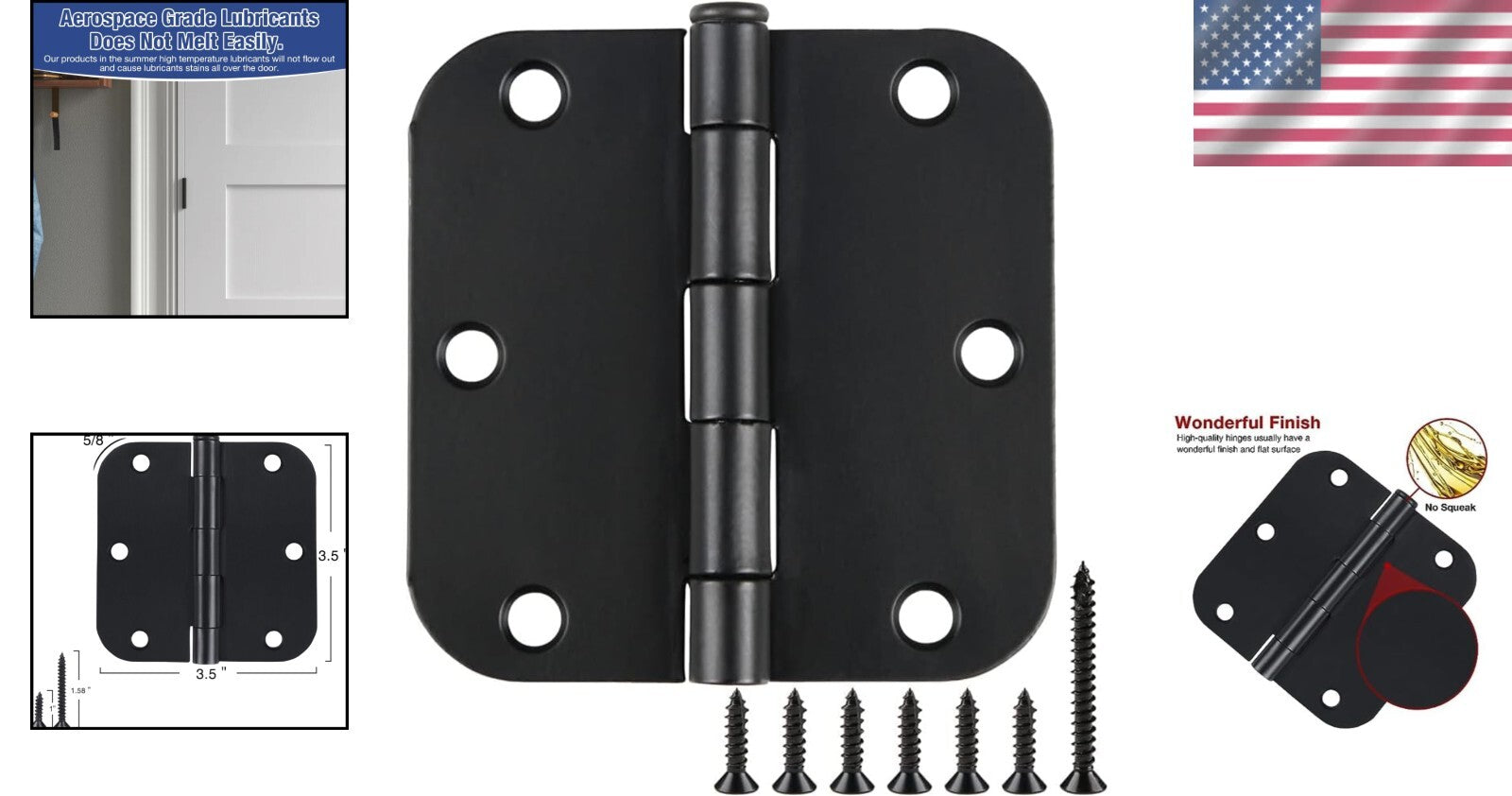 Durable Matte Black 3.5" Door Hinges - 5/8 Radius - 42 Pack with Screws Included