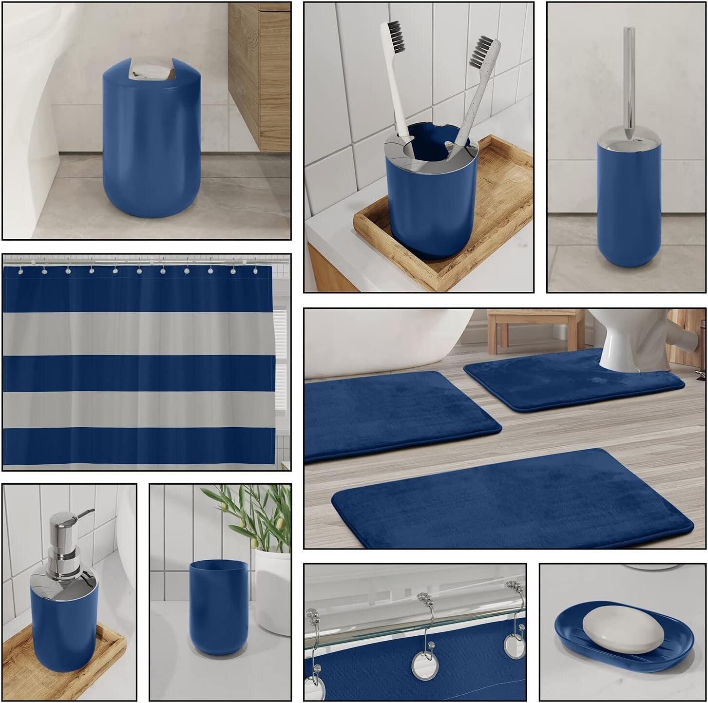 Elegant Navy Blue Bathroom Set with Rug, Shower Curtain & Accessory Essentials