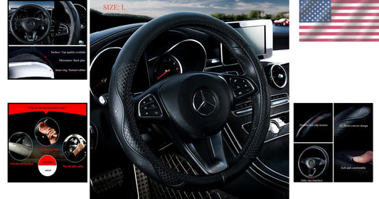 15.5-inch Black Cowhide Steering Wheel Cover - Stylish and Durable Protection