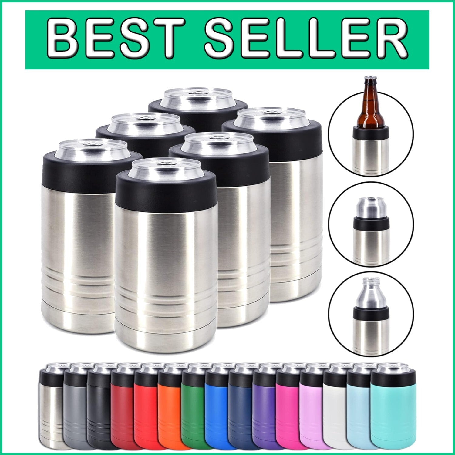 6-Pack Stainless Steel Double Wall Beverage Cooler - 12 oz Can & 16 oz Bottle