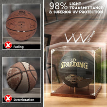 Load image into Gallery viewer, Elegant 10" Basketball Memorabilia Case - Acrylic with Solid Wood Tabletop Mount