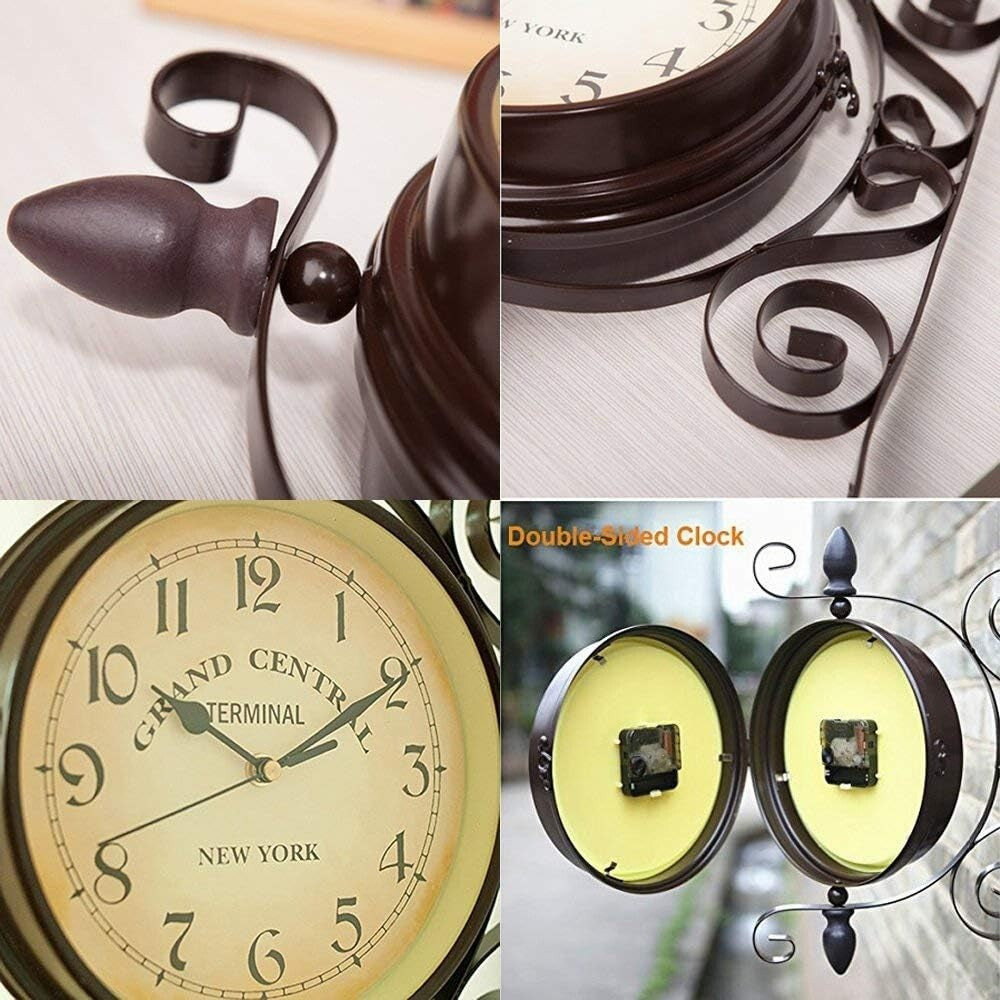 Chic 8-Inch Double-Sided Retro Station Wall Clock – Silent Wrought Iron Design