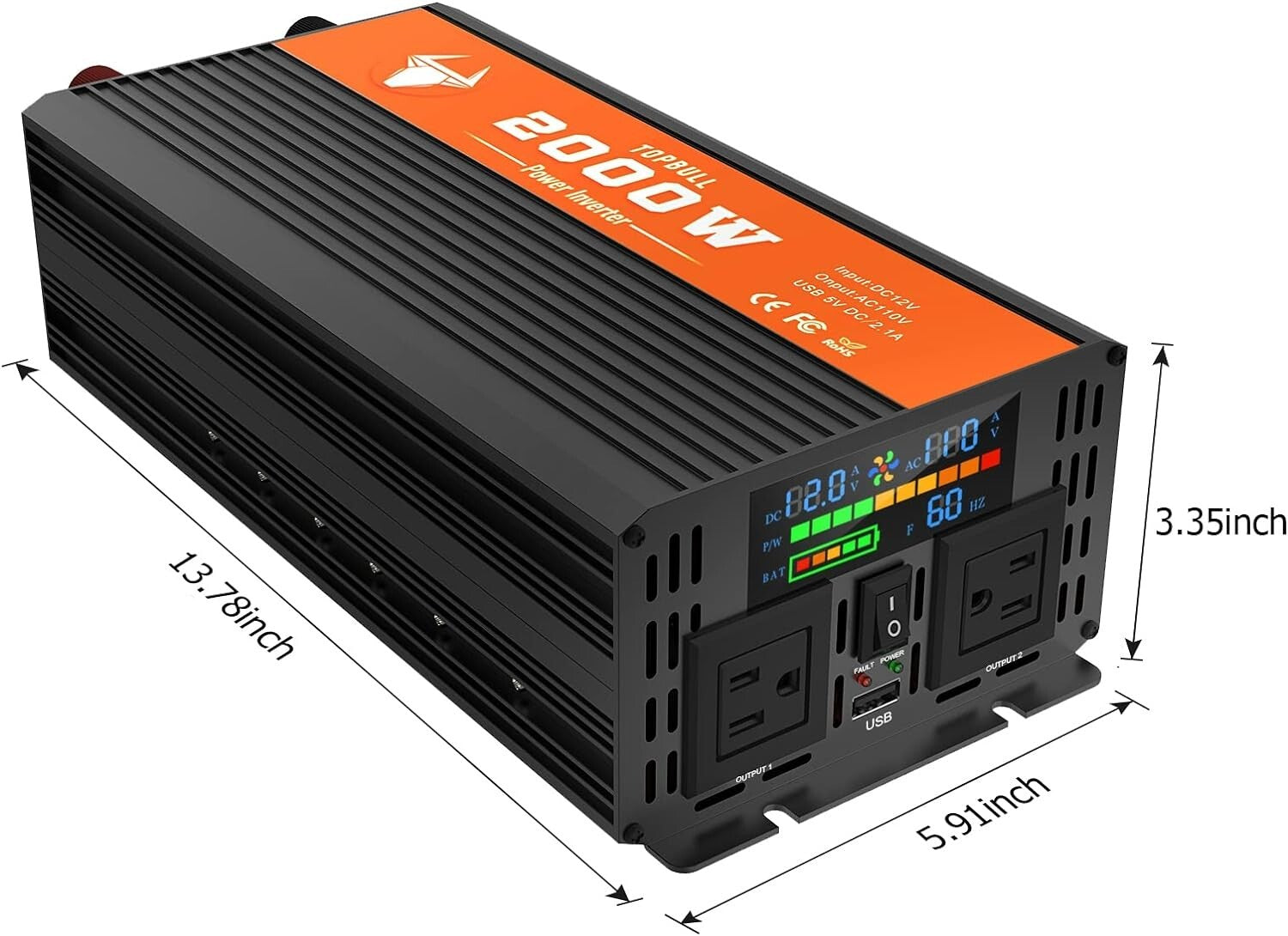 2000W Car Power Inverter - LED Display, Dual Outlets & USB for RV & Camping