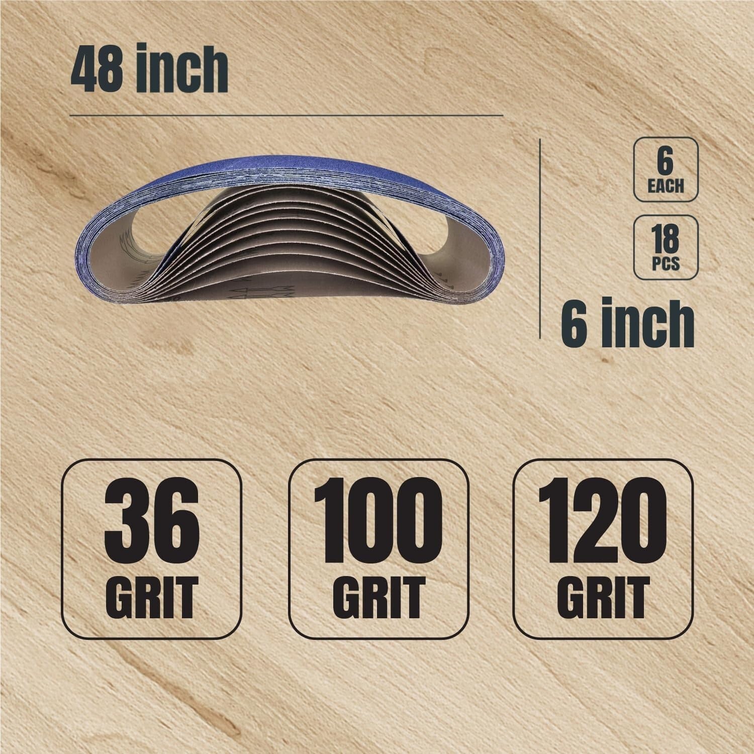 Self-Sharpening 6 x 48 Zirconia Sanding Belts - 36/100/120 Grits Assortment 18PK