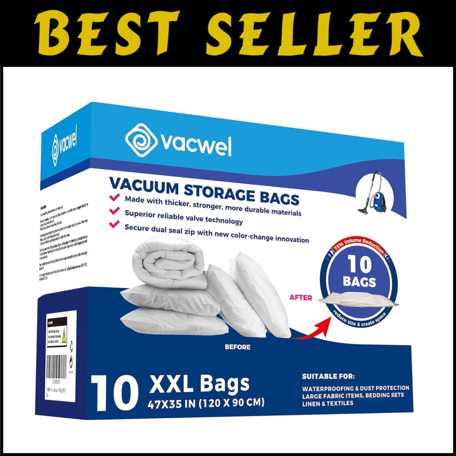 10-Pack XXL Vacuum Storage Bags 47x35in - Save Space for Comforters & Clothing