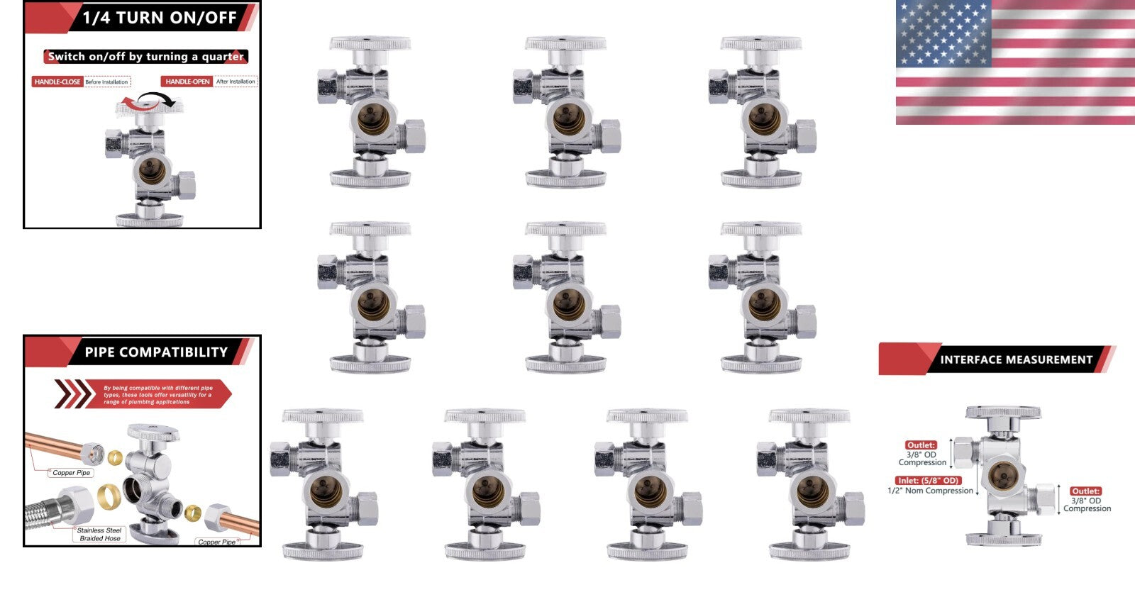 Efficient 10-Pack of Lead-Free Dual Compression Angle Stop Valves for Plumbing