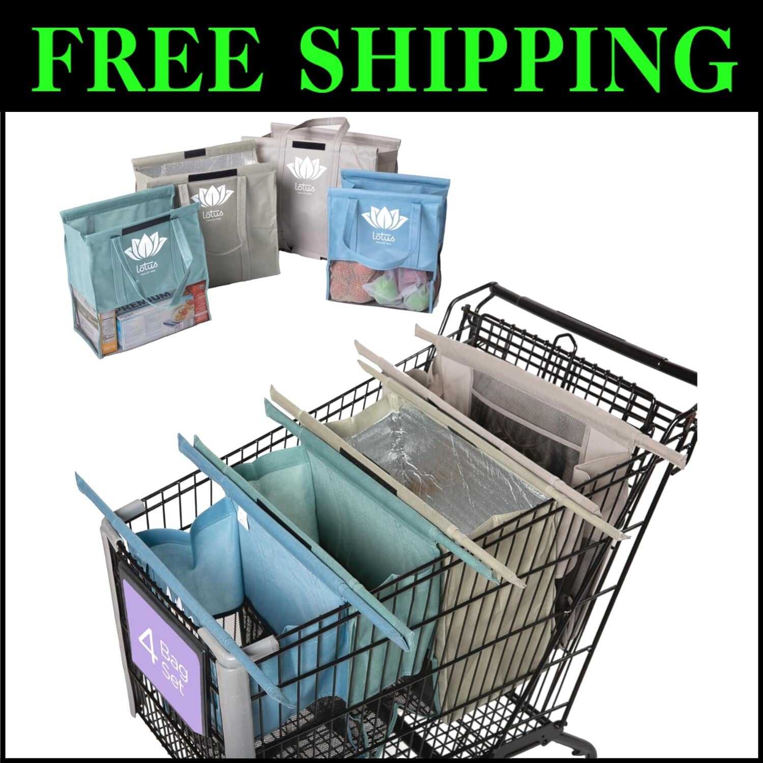 Set of 4 Reusable Grocery Bags with Insulated Cooler & Egg Holder – Earth Tones