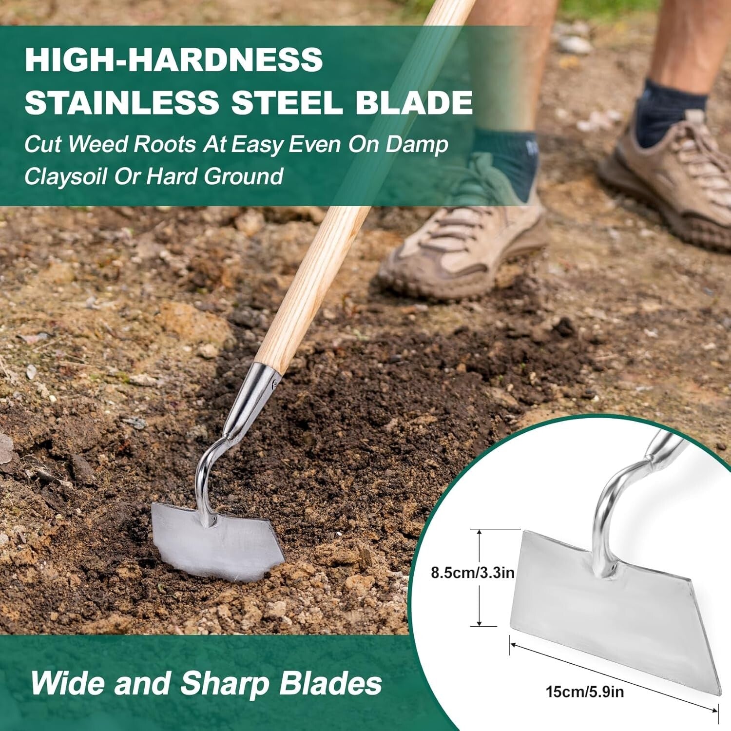 58-Inch Ergonomic Flat Edge Garden Hoe - Durable Stainless Steel Weeder Tool