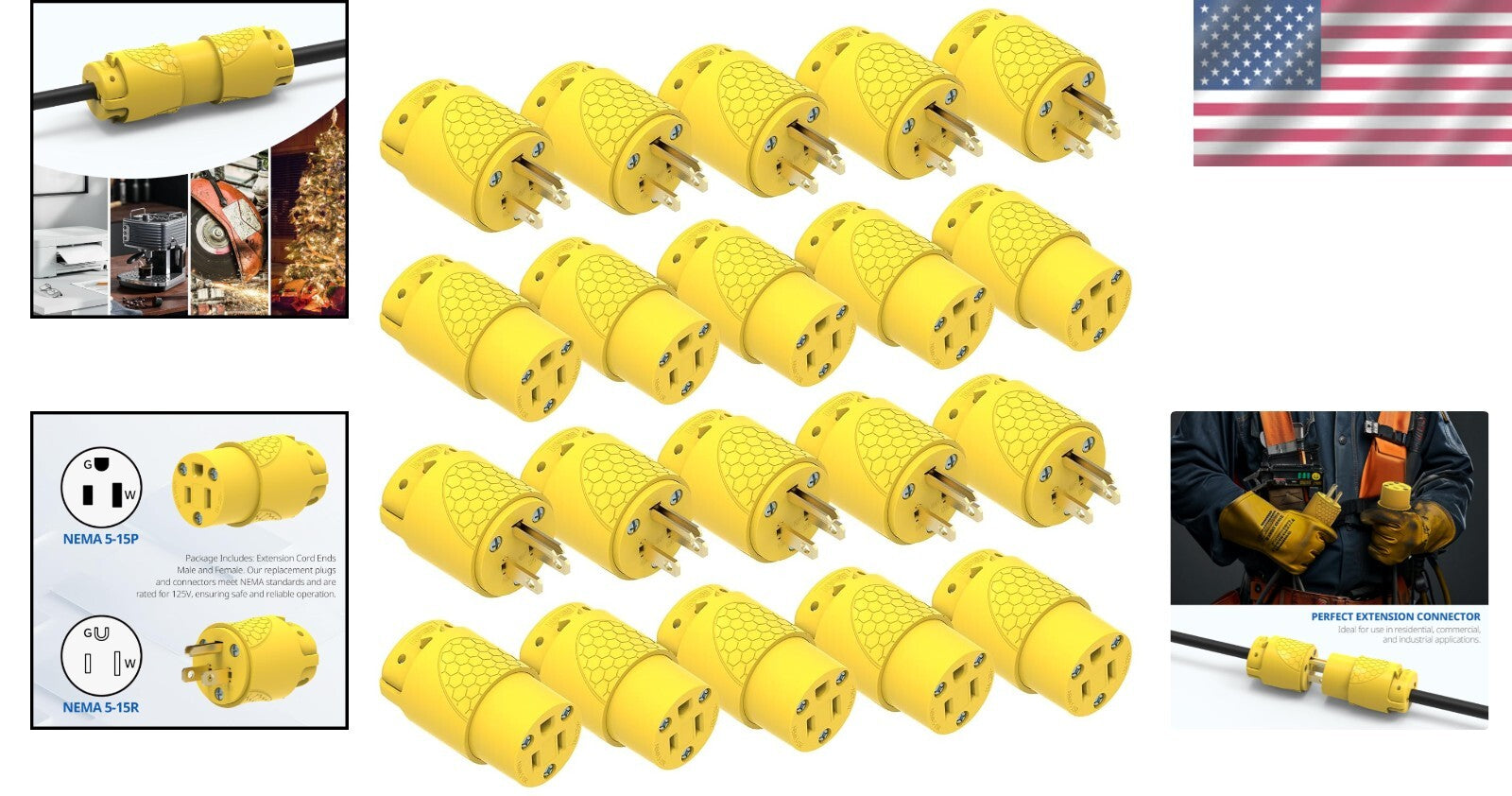 Yellow Electrical Replacement Plug Kit for Extension Cords, 15A 3-Prong Design