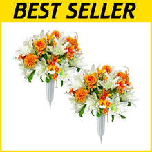Load image into Gallery viewer, Elegant Silk Rose and Lily Bouquets for Headstone Decoration – Lasting Tribute