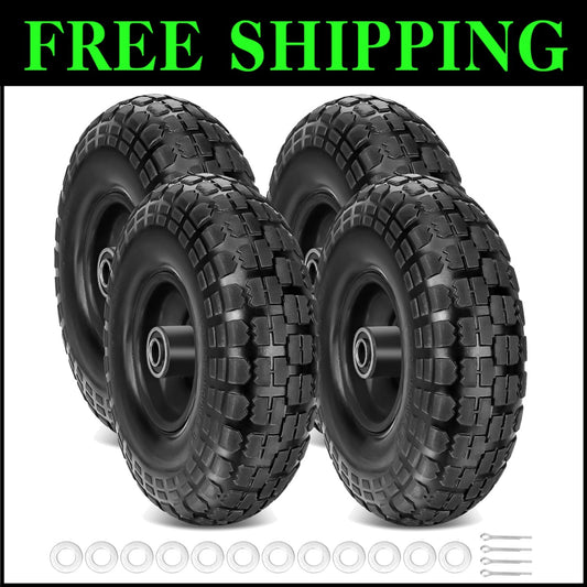 4-Pack 13" Flat Free Tires with Double Sealed Bearings for Carts & Wheelbarrows