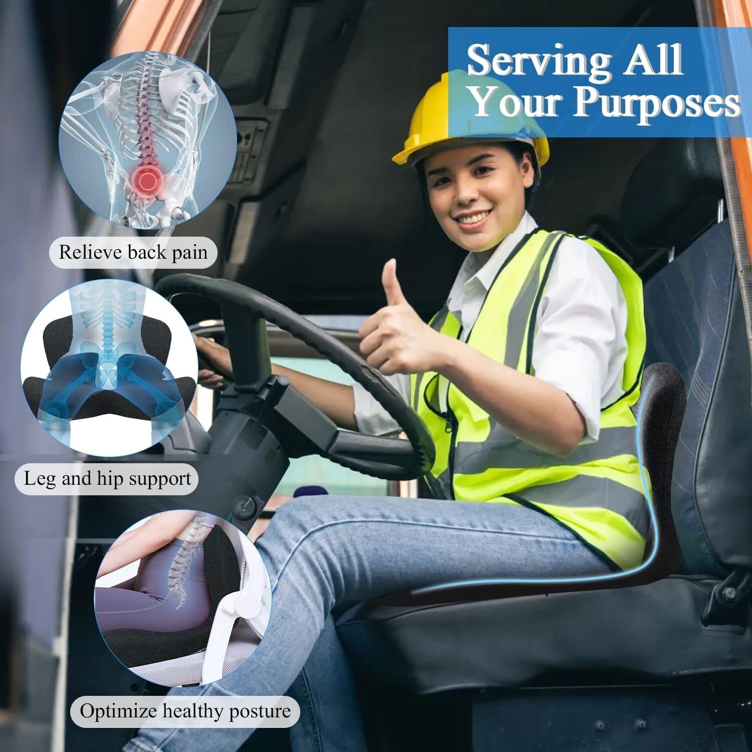 Adjustable Ergonomic Memory Foam Truck Seat Cushion for Long Drives - Dark Gray