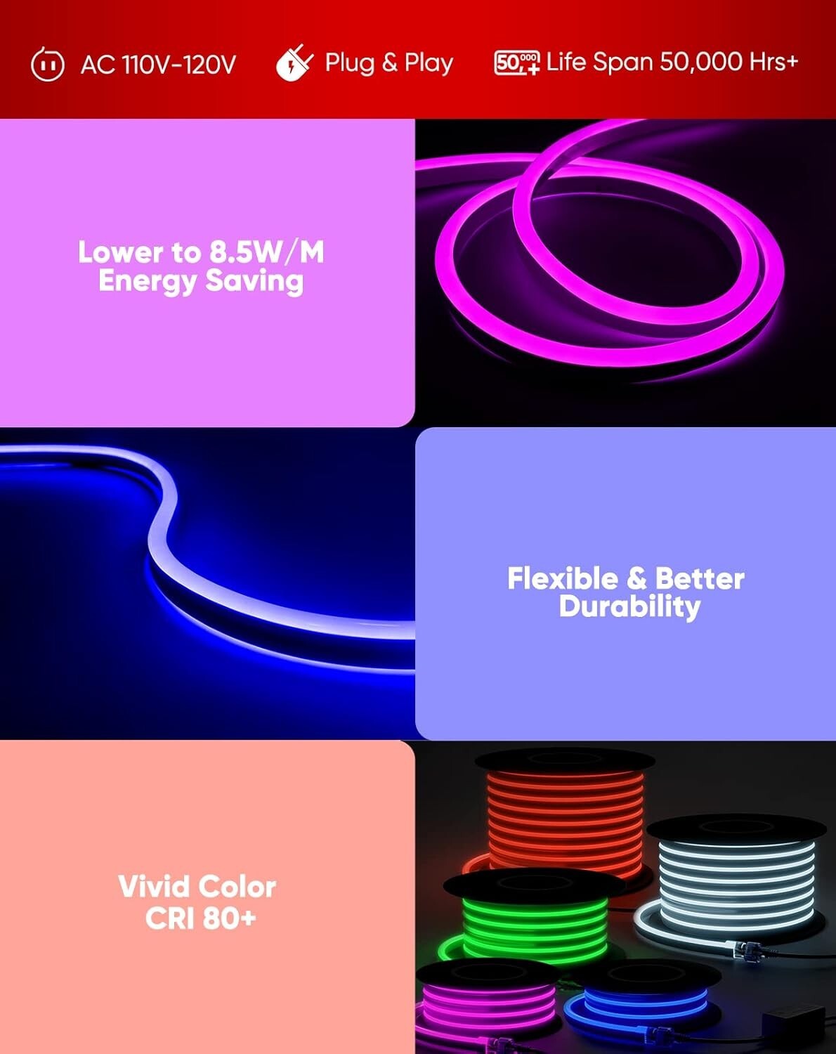 82FT Waterproof LED RGB Neon Rope Lights with Remote - Expandable & Cuttable