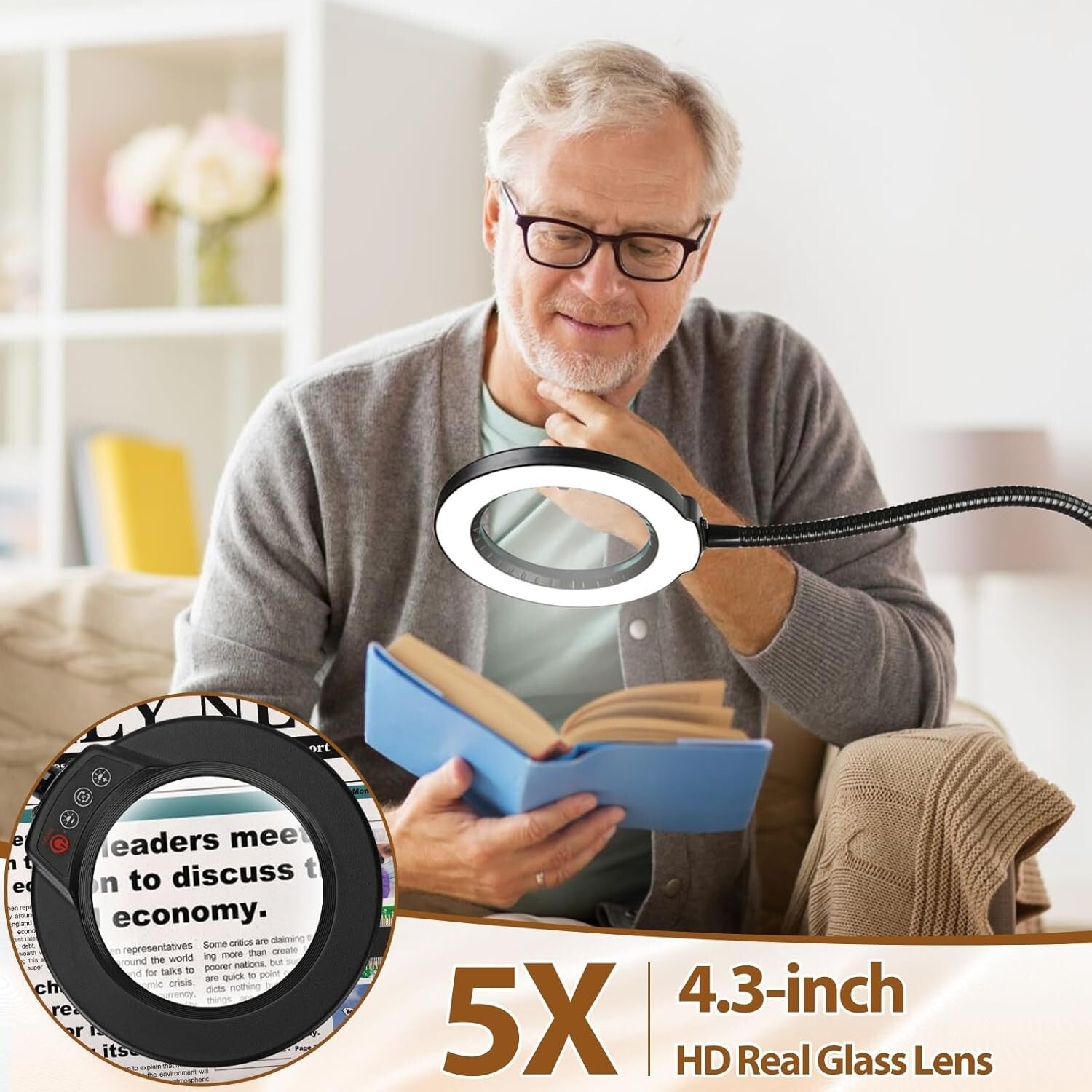 Ergonomic Magnifying Floor Lamp with 5X Lens and Adjustable Lighting Features