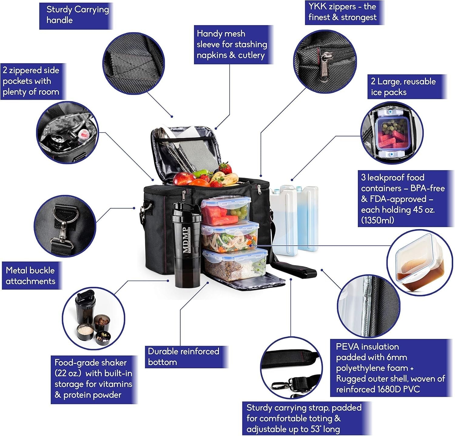 Durable Black Meal Prep Kit: Lunch Bag, Food Containers & Ice Packs - BPA-Free