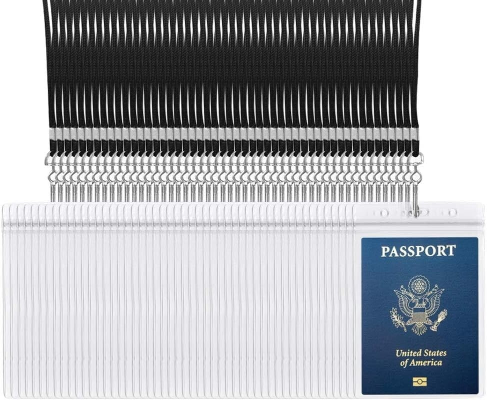 Durable Clear PVC 50-Pack Passport and ID Holders with Black Lanyards Included