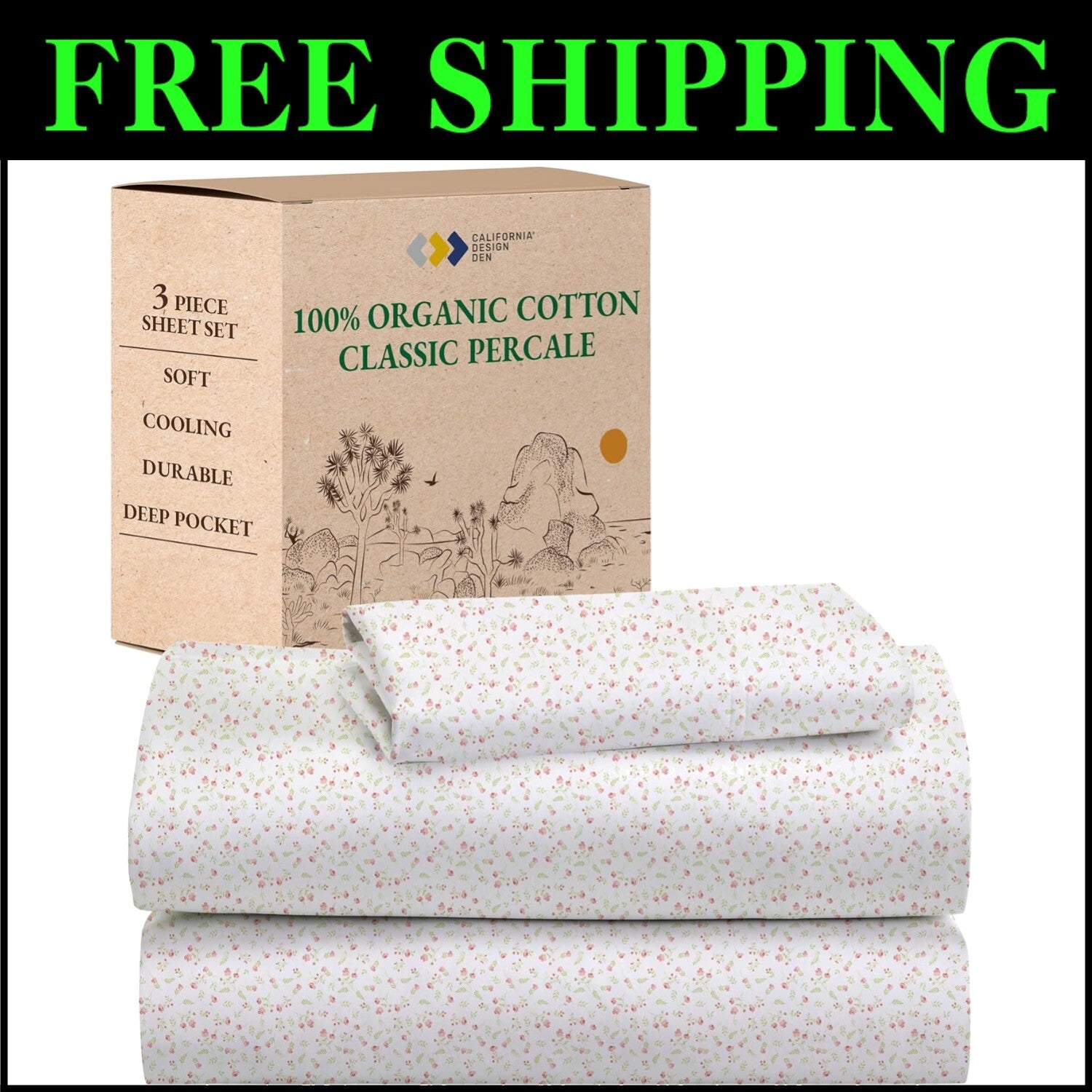 100% Organic Cotton Percale Twin Sheet Set - Floral Print, Deep Pocket Design