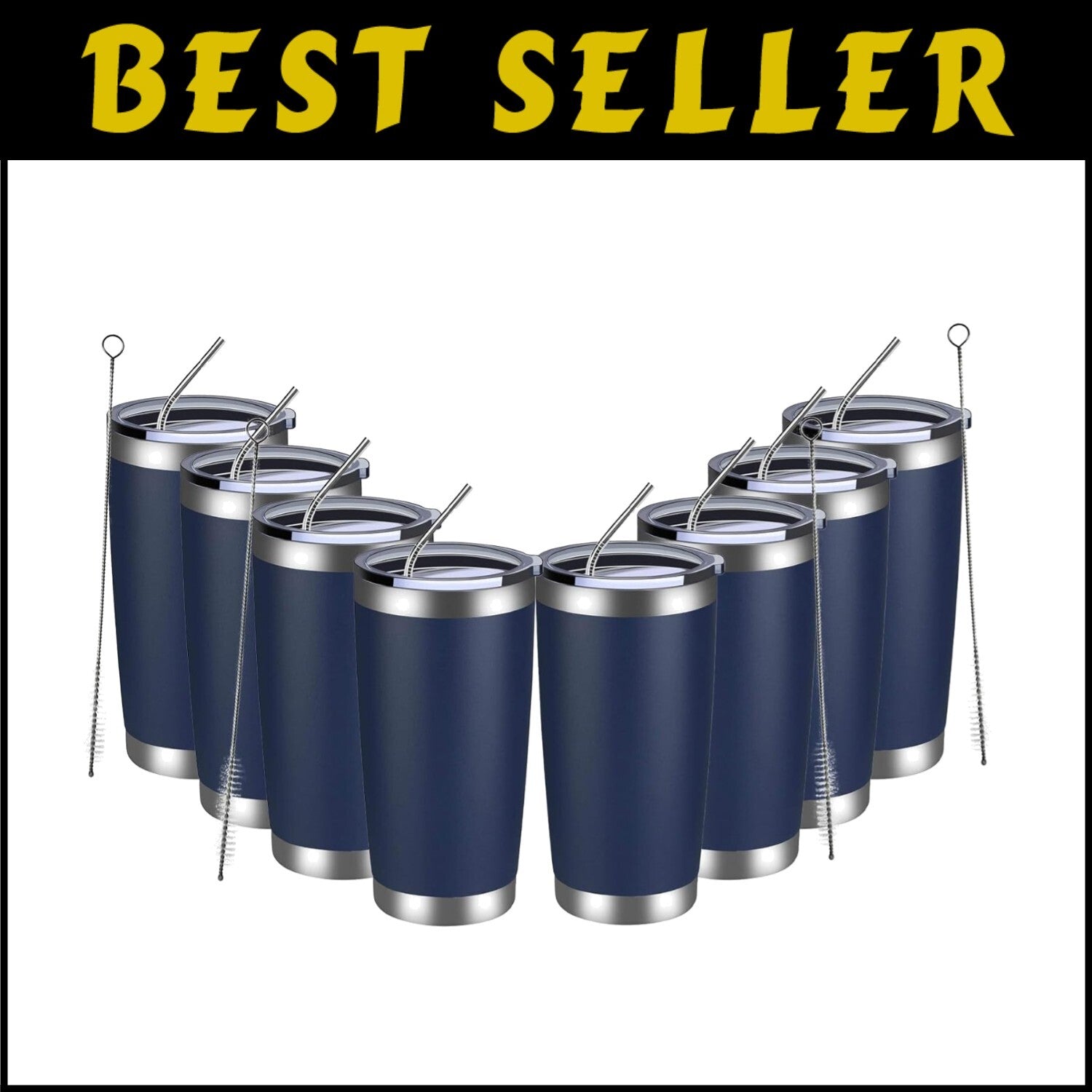 Navy 20oz Stainless Steel Tumblers - 8 Pack Double Wall Insulated Travel Mugs