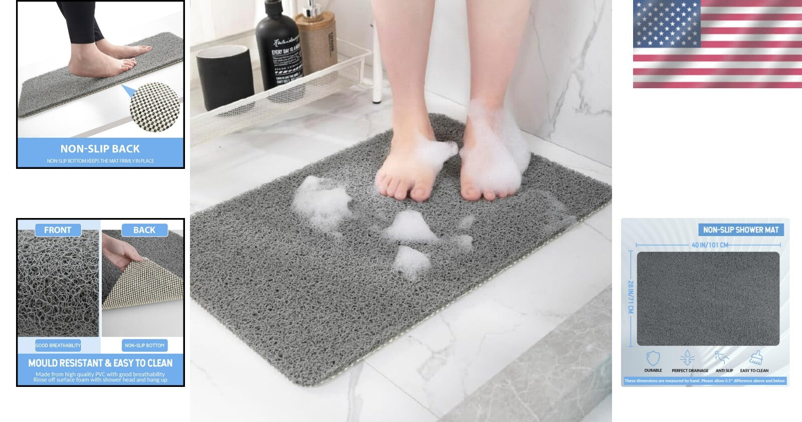 Comfortable 40"x28" Non-Slip Foot Scrubber Mat for Safe Bathrooms & Kitchens