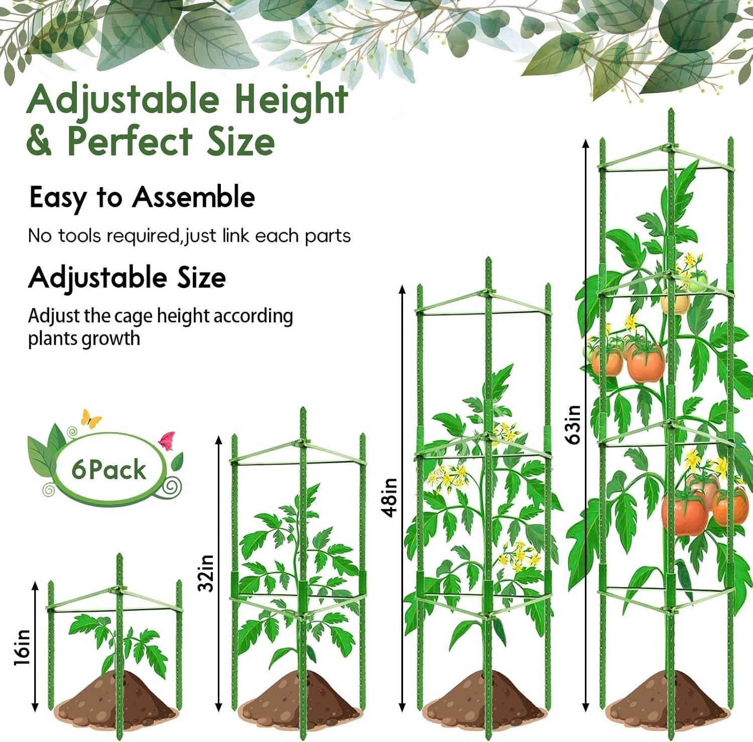 Versatile Garden Tomato Cages - Heavy-Duty 6 Pack for Customizable Plant Support