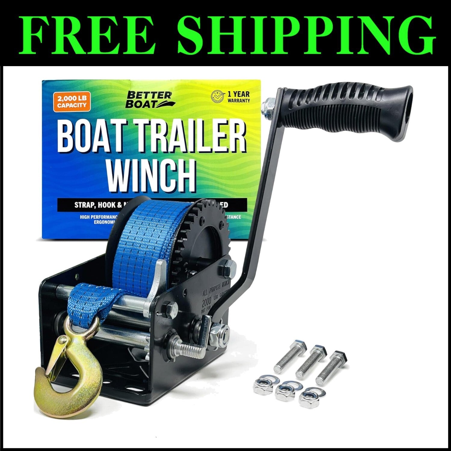 Versatile 2000 lbs Boat Winch - Manual Hand Crank with Premium Strap & Hook