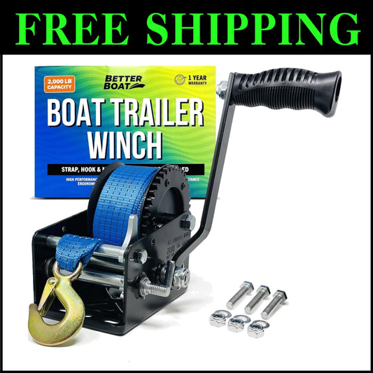 Versatile 2000 lbs Boat Winch - Manual Hand Crank with Premium Strap & Hook