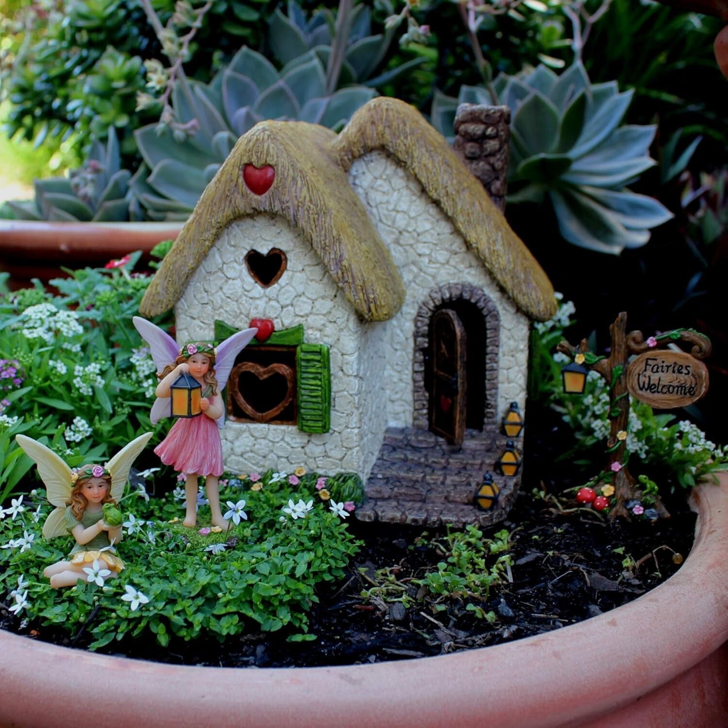 7-Inch Water-Resistant Fairy Garden House Kit with Fairies & Accessories