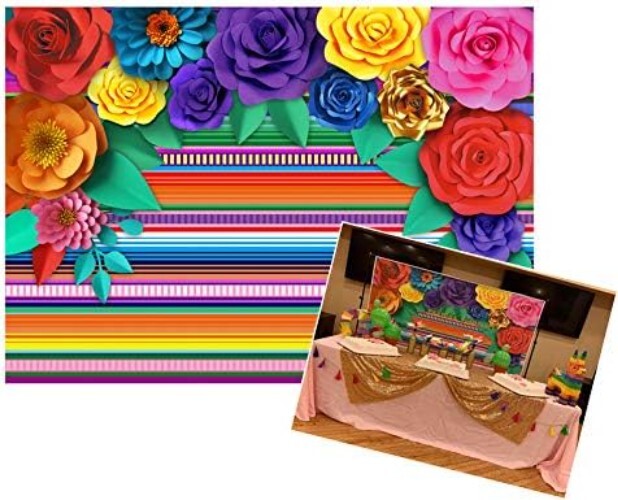 Fiesta Themed Party Backdrop - 10'x8' Mexican Striped Decor with Paper Flowers